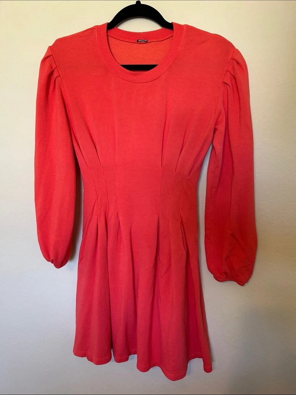 Monrow Coral Long-Sleeve Pleated Fit-and-Flare Dress